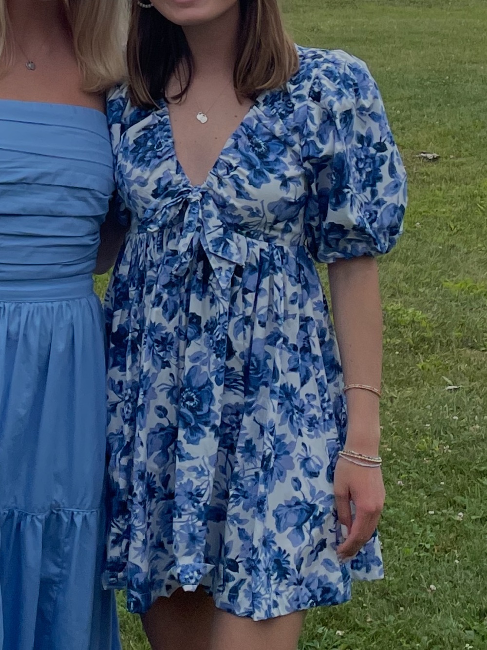 Abercrombie & Fitch Blue and White Floral Tie-Front Puff Sleeve Dress